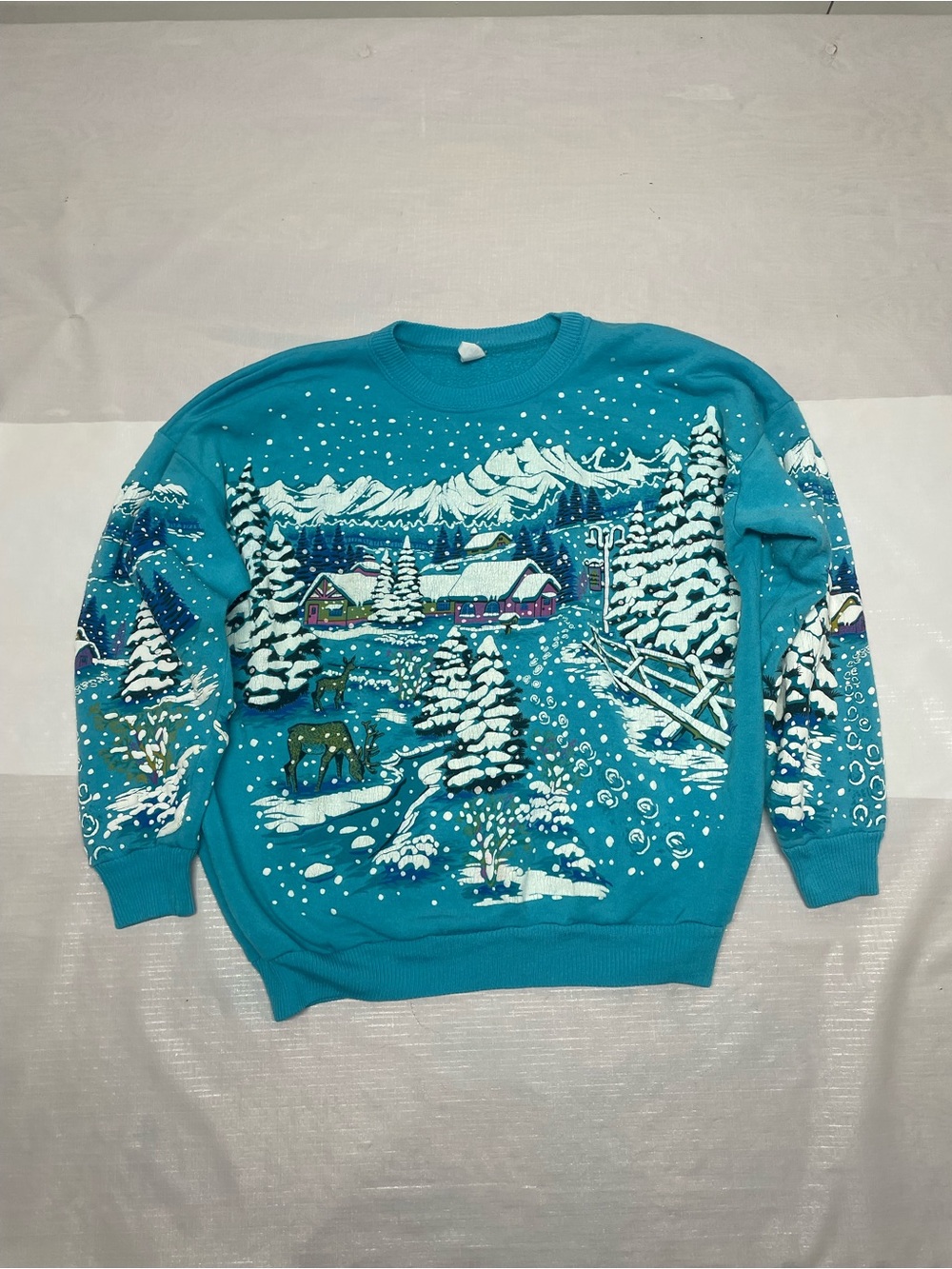 Women’s Teal Winter Village Crewneck Sweater Sz: One Size Fits All